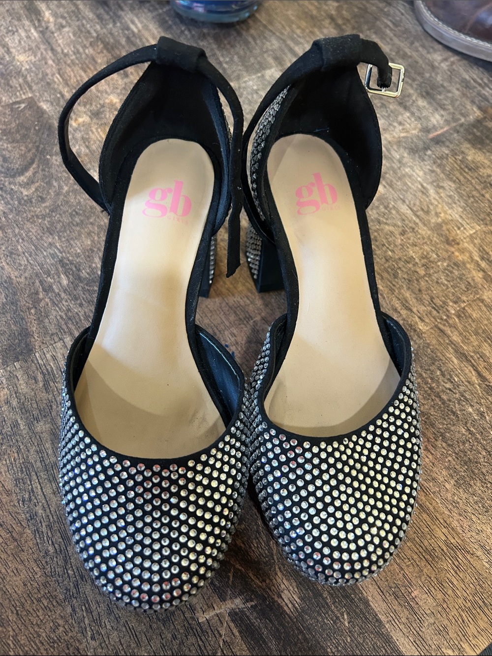 Gianni Bini Black Rhinestone Ankle-Strap Block Heels